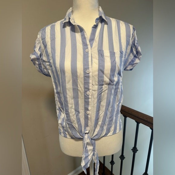 BeachLunchLounge Blue White Striped Tie Front Button Down Shirt Size XS - Picture 3 of 6